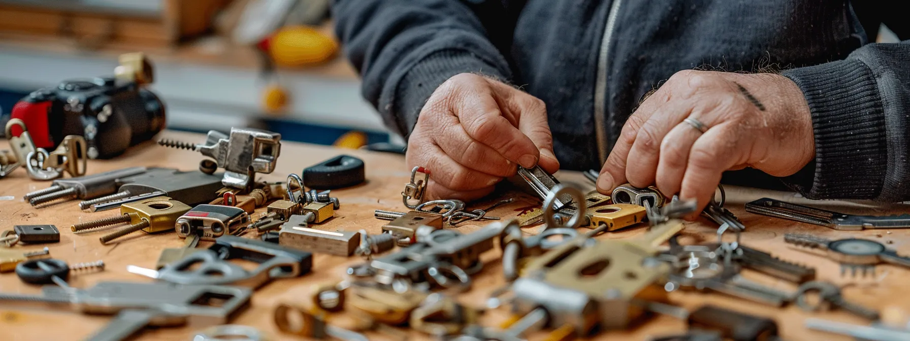 a locksmith examining different types of commercial locks available for replacement.