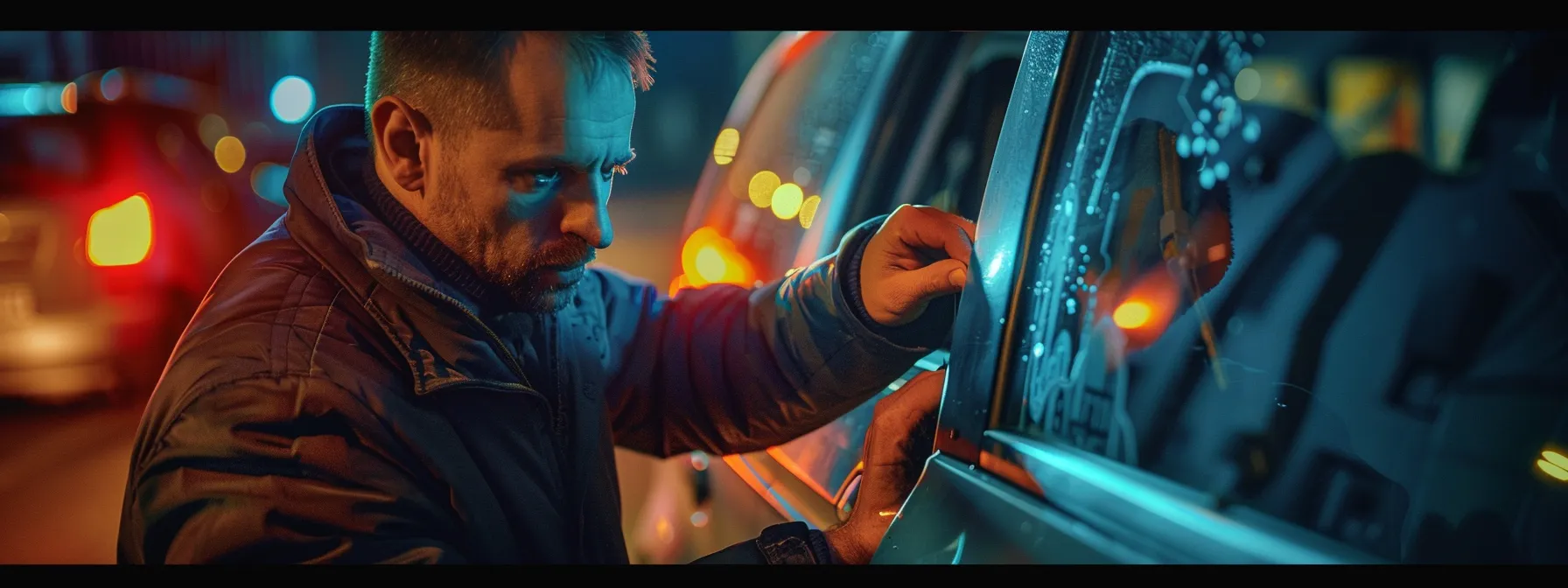 a locksmith unlocking a car door during an emergency lockout situation.