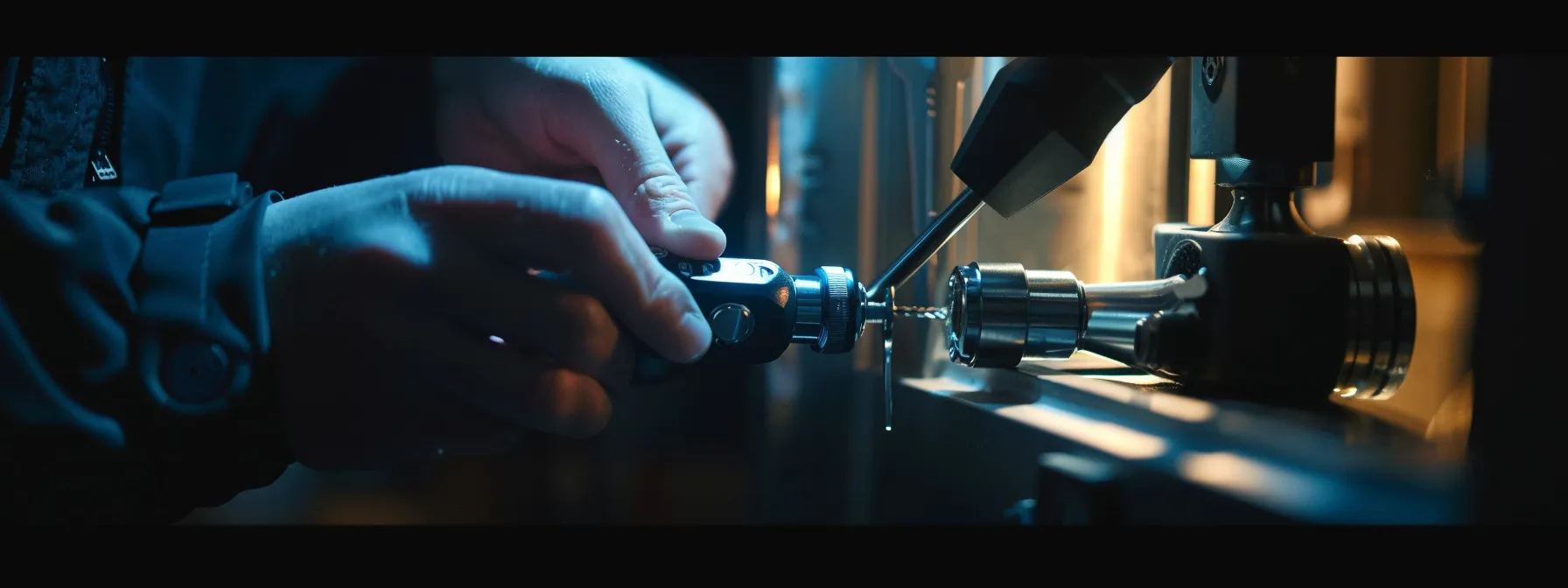 a locksmith using specialized tools to handle a modern smart lock.