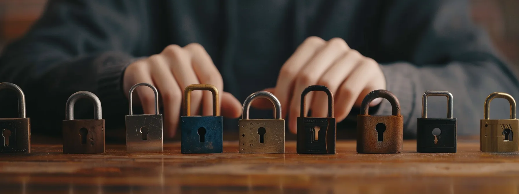 a person comparing different types of locks displayed on a table.