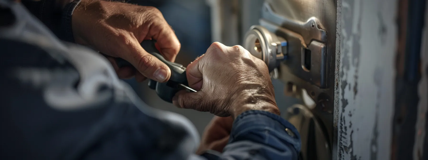 a professional locksmith installing a new security lock on a door.