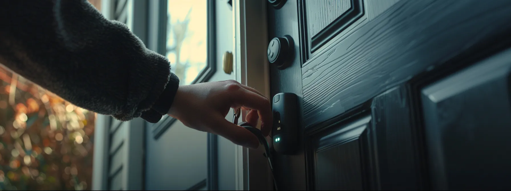 a professional locksmith expertly installing a smart lock on a front door.