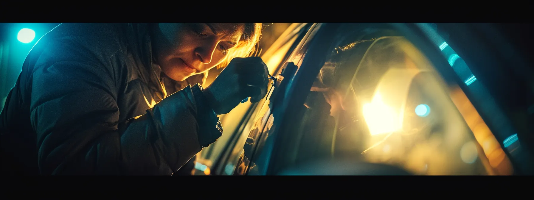 a frustrated person looking at a locked car door with a broken tool in hand.