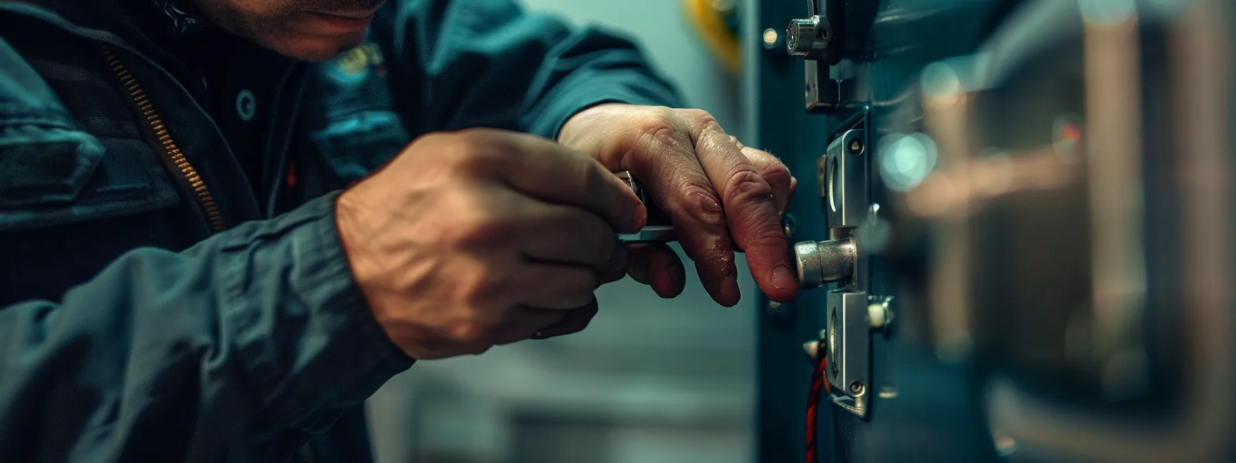 a locksmith examining the condition of a new lock during a maintenance check.