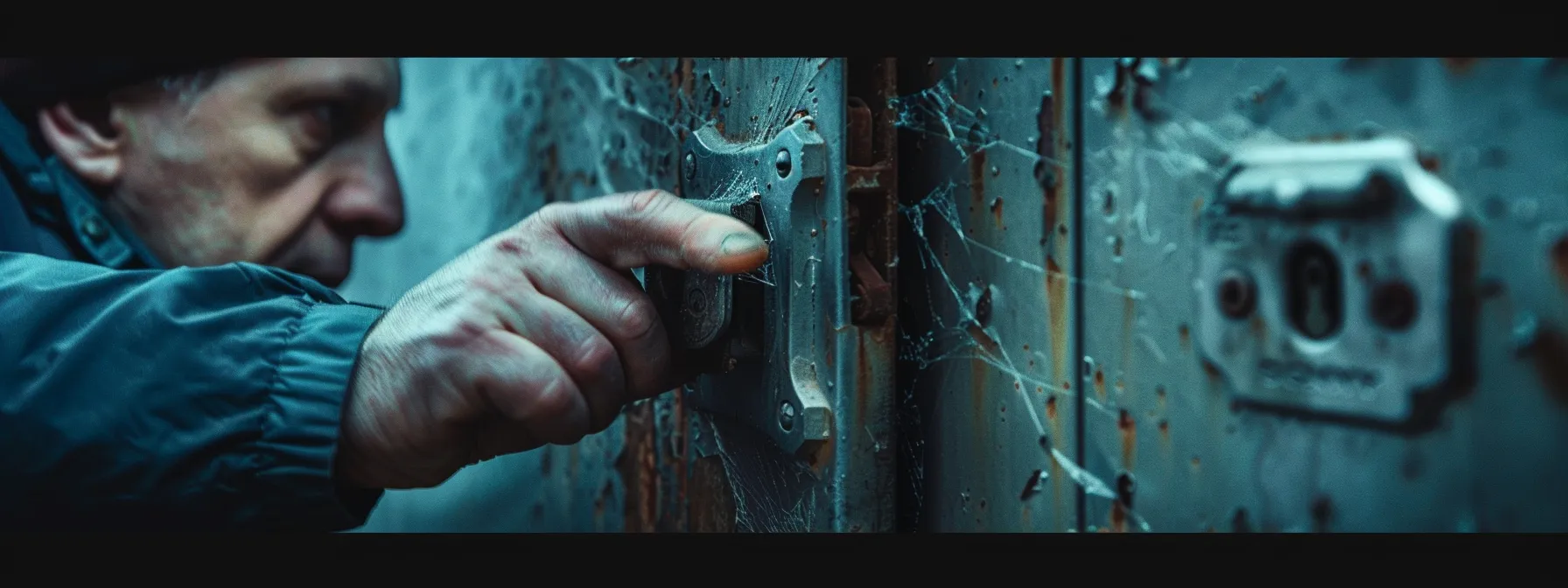 a locksmith examining a broken lock on a door.