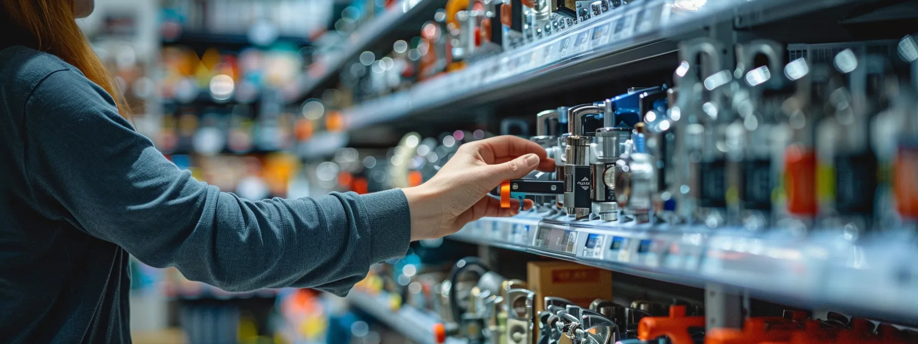 a person comparing different types of locks on a shelf in a hardware store.