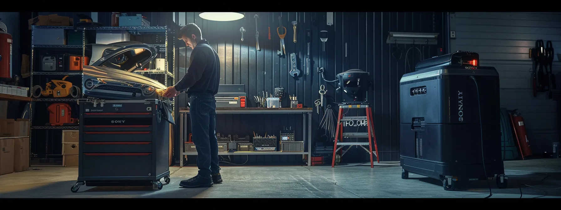 a locksmith standing next to a high-tech tool box next to a keyless vehicle.