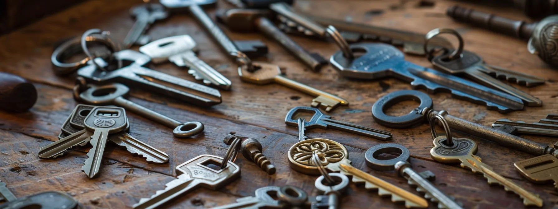 a locksmith examining various types of keys, including standard metal keys, transponder keys, smart keys, and specialty keys with intricate designs.