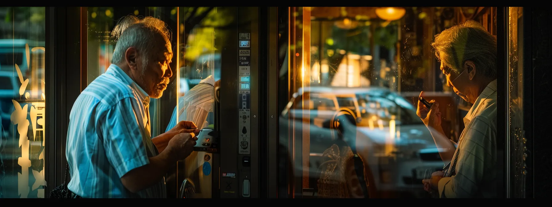 a locksmith examining a door lock while customer looks on attentively.