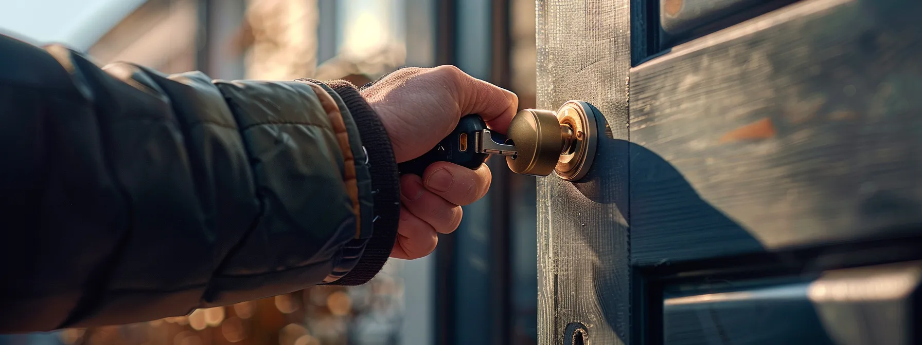 a locksmith using professional tools to unlock an office door without causing damage.