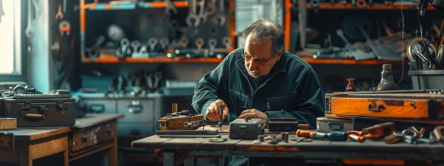 a locksmith examining a complex lock with a toolbox nearby.