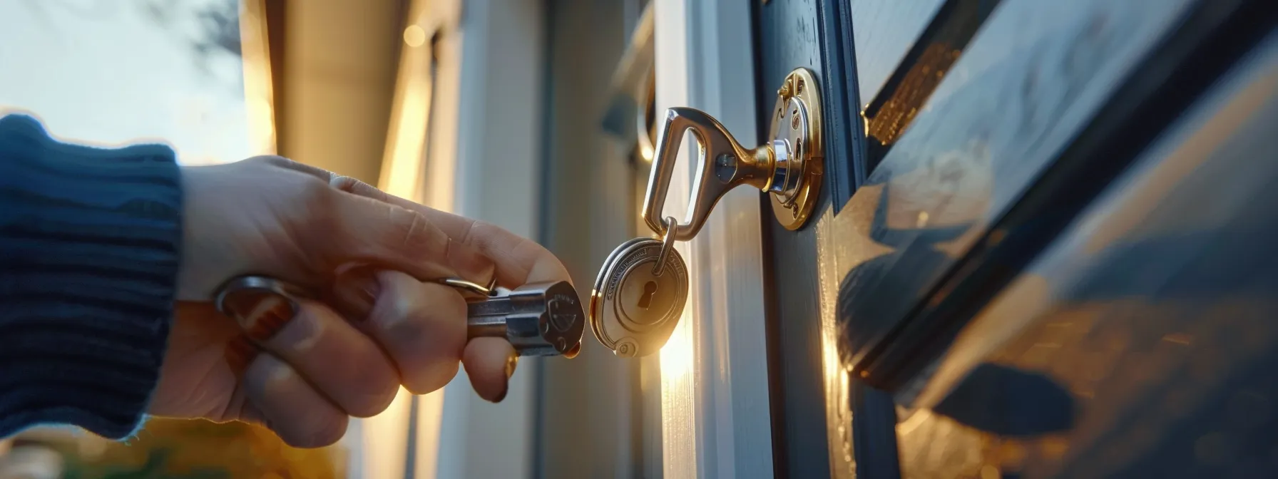 a locksmith installing a lock on a door in a residential area.