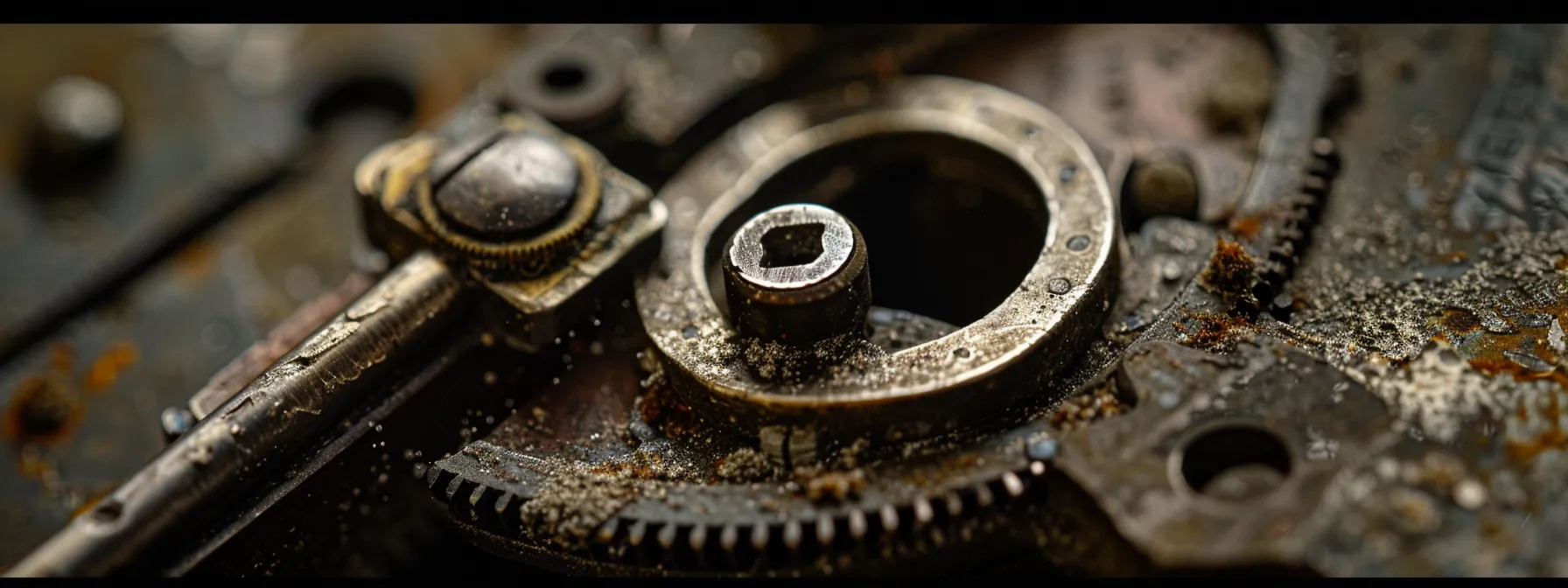 a close-up of a damaged lock mechanism with visible misalignments and loose screws.
