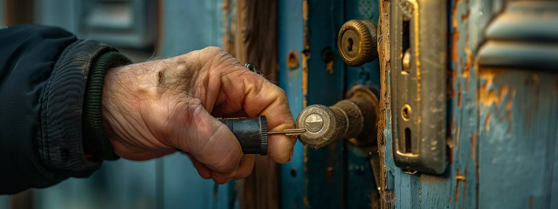 a locksmith checking the type of lock involved in a door.