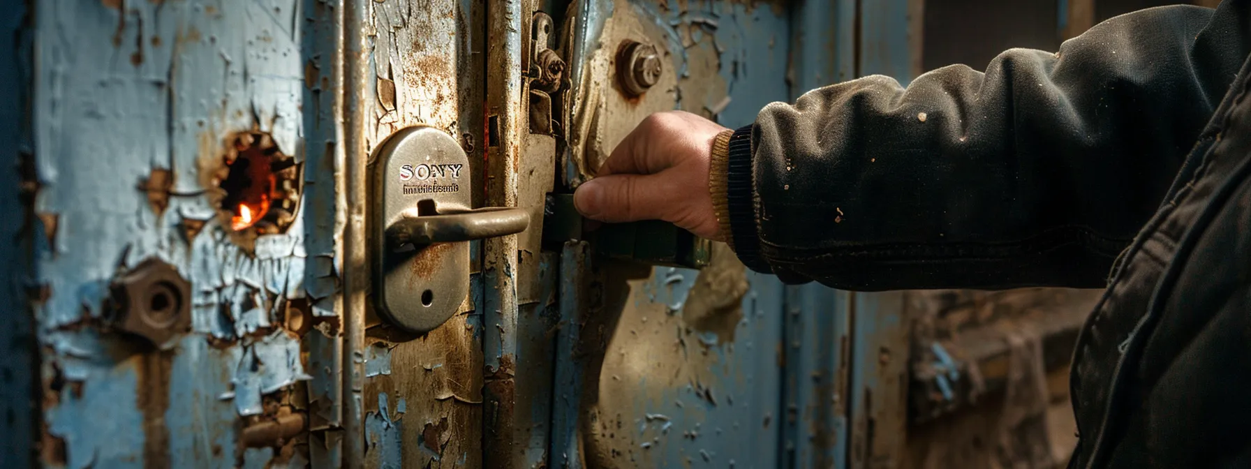 a locksmith examining a broken lock on a door.