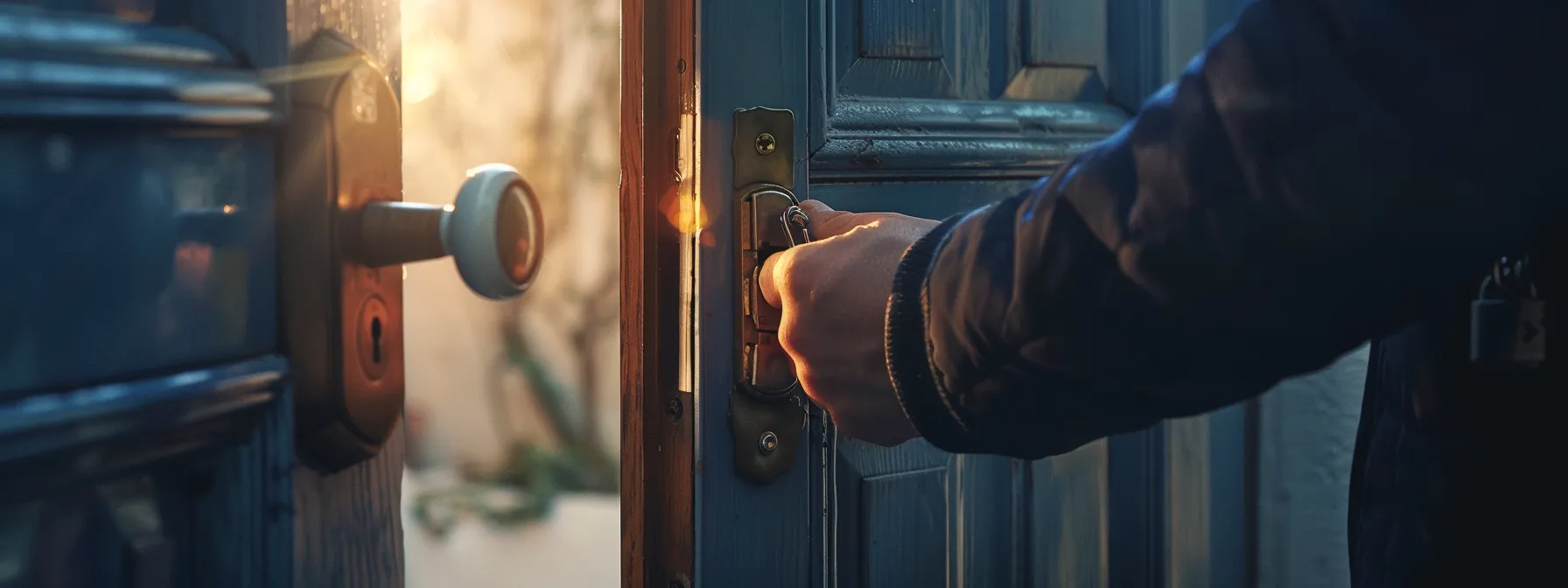 a professional locksmith carefully replacing a broken lock on a door.