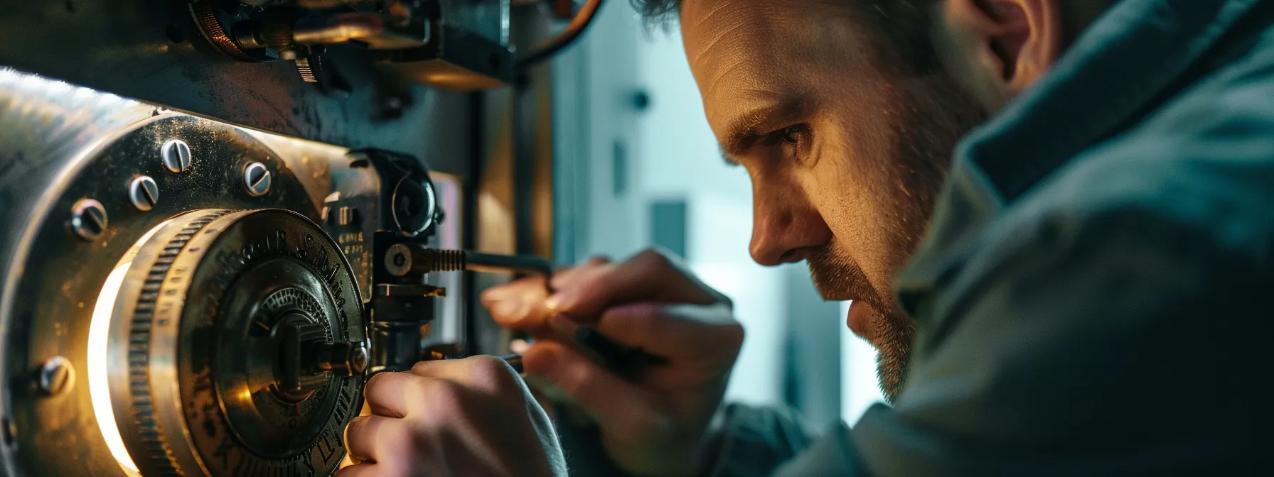 a locksmith calmly assessing a safe lockout situation with focused concentration.