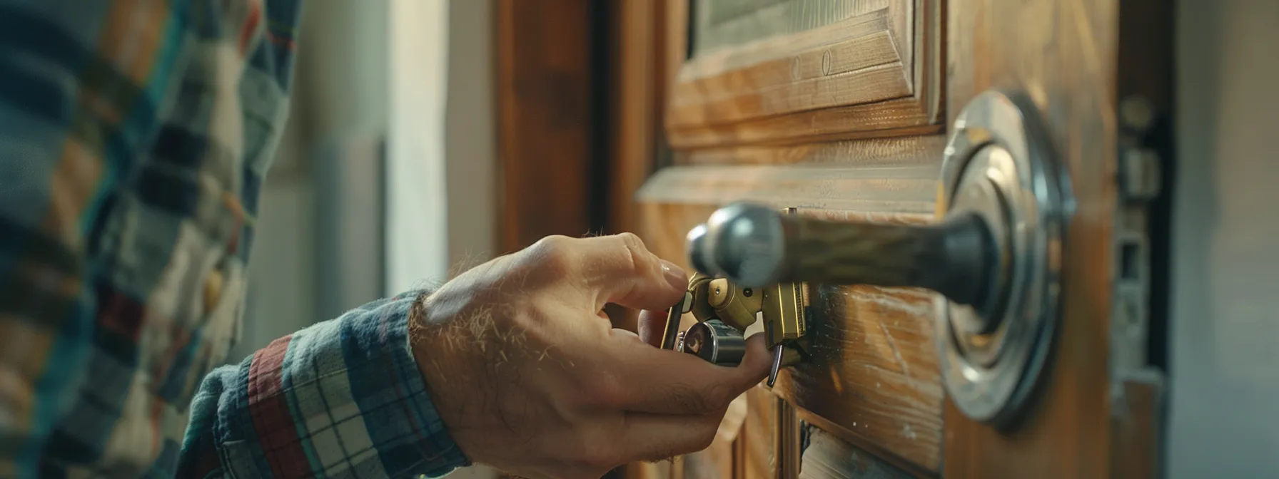 a locksmith swiftly installing a new lock on a door.