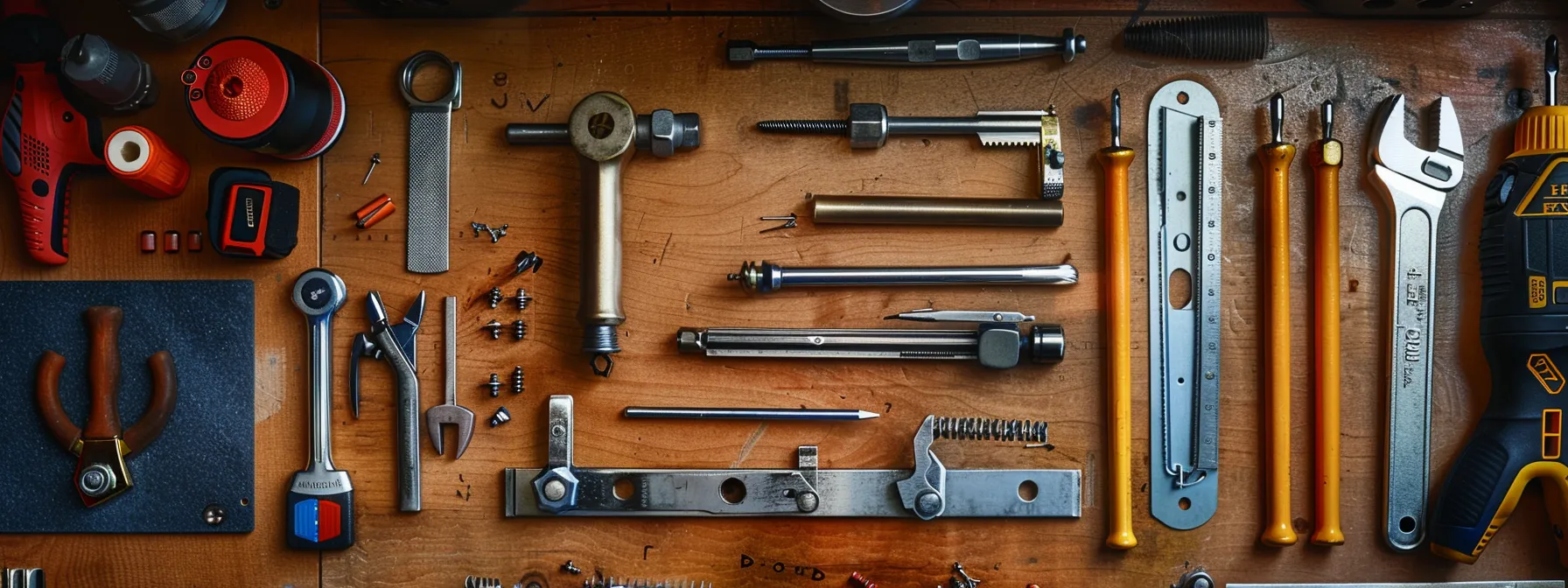 a locksmith examining a door lock with various tools and equipment scattered around.