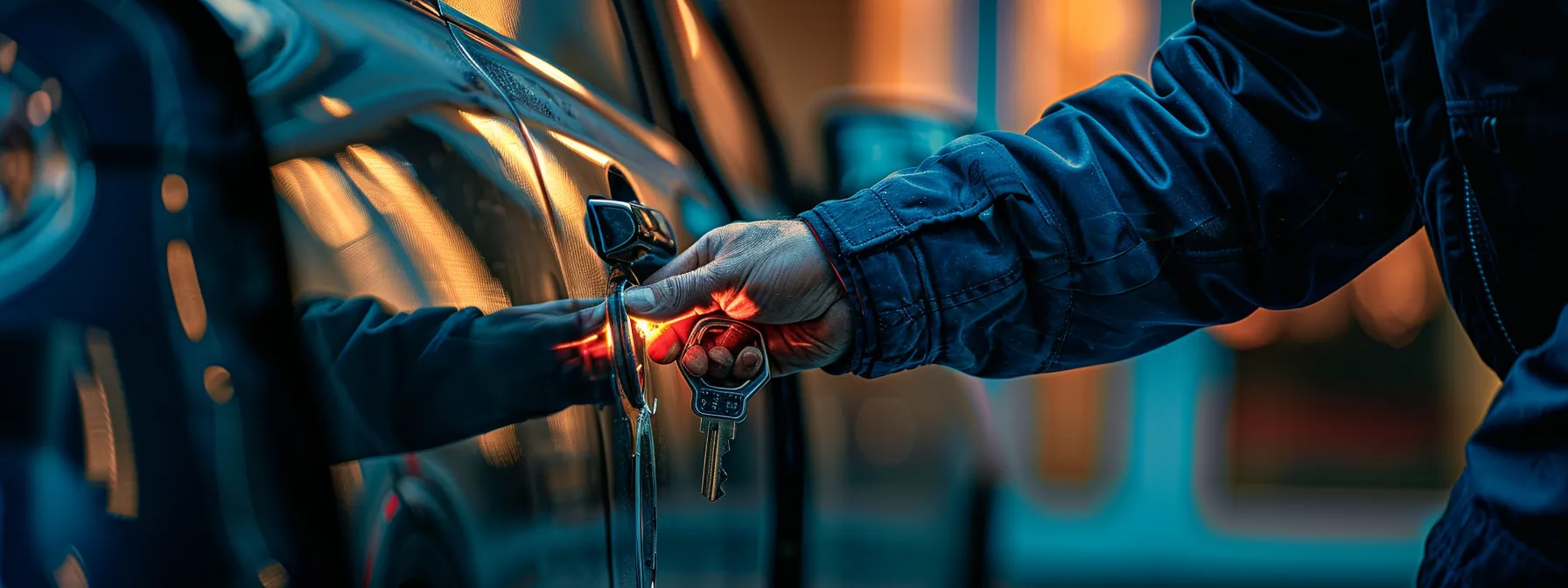 a locksmith quickly unlocking a car door with a broken key inside.