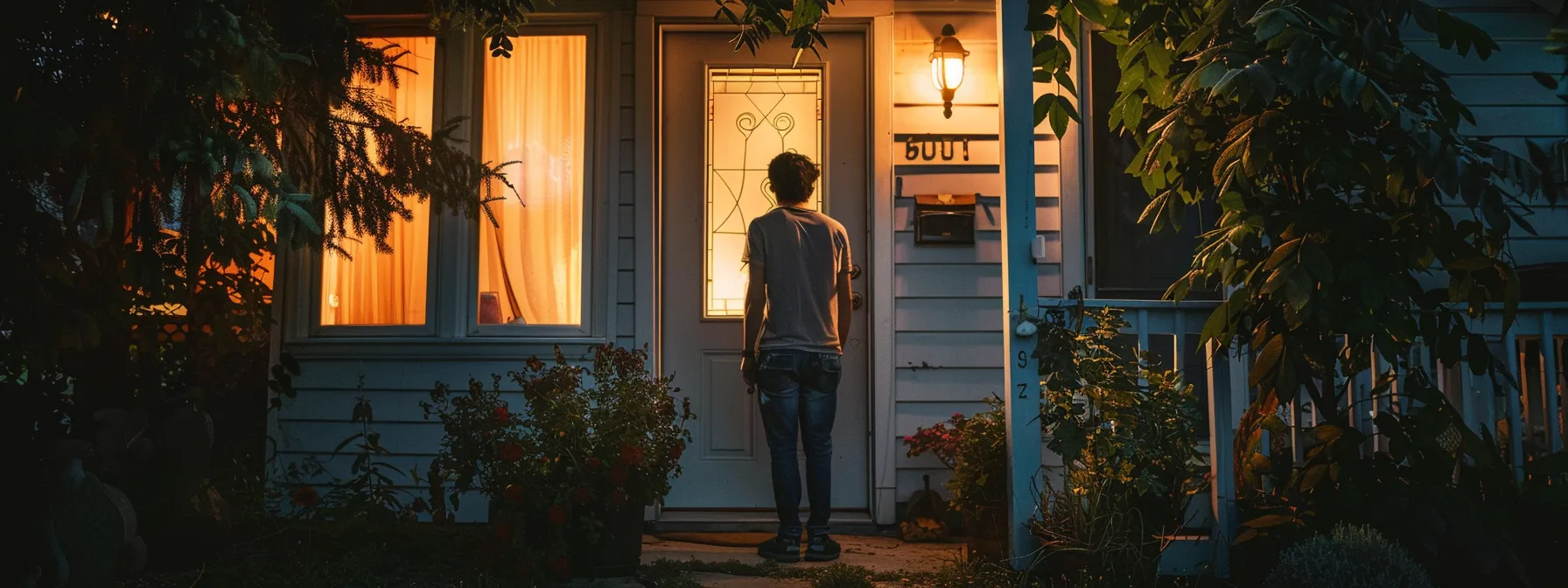 a person calmly assessing their surroundings outside a locked home before calling a locksmith for emergency assistance.