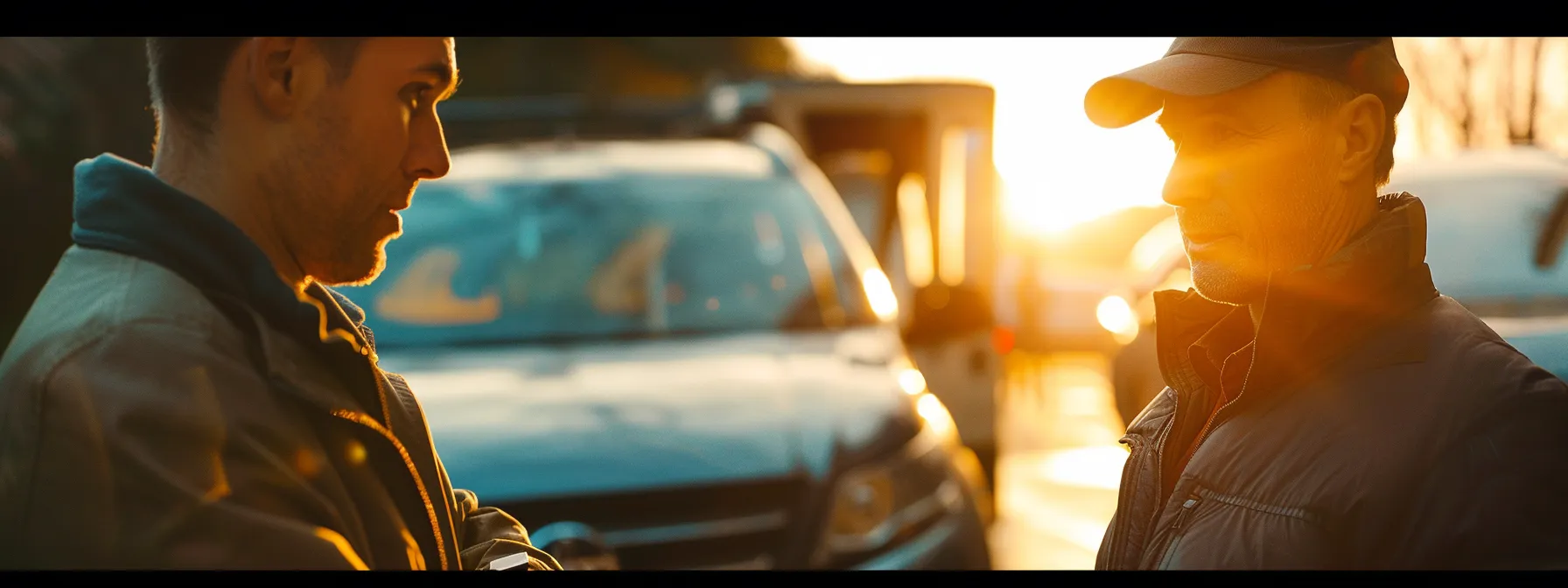 a person speaking with a mobile auto locksmith in front of a vehicle.