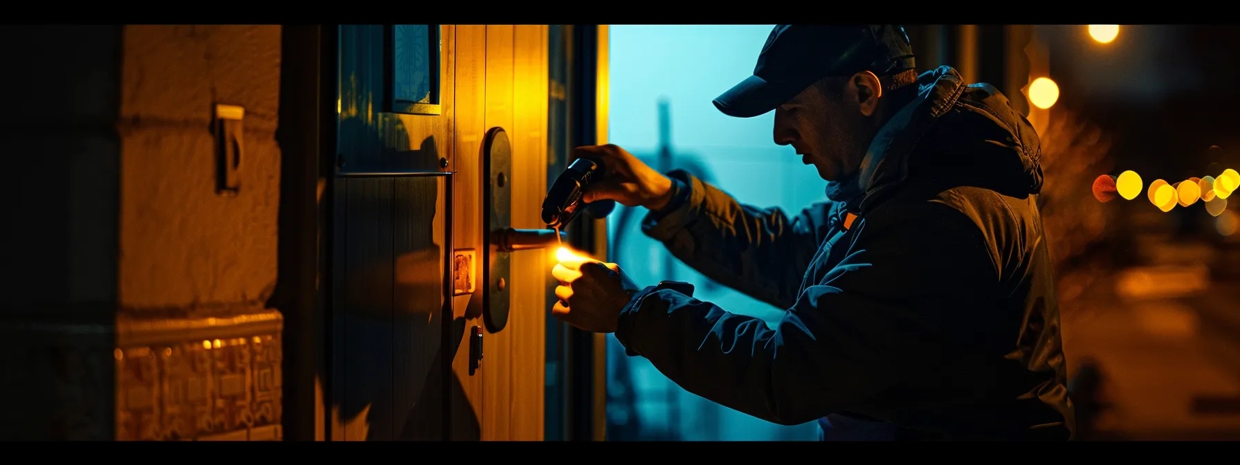 a locksmith unlocking a door late at night in response to an emergency call.