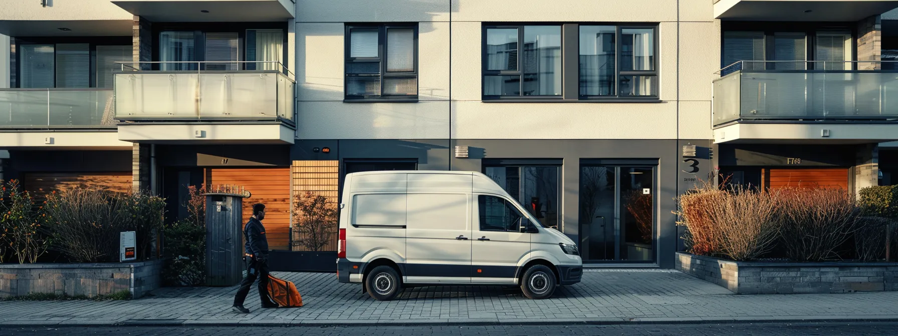 a locksmith van parked outside a residential building with a technician standing ready to respond to an emergency.