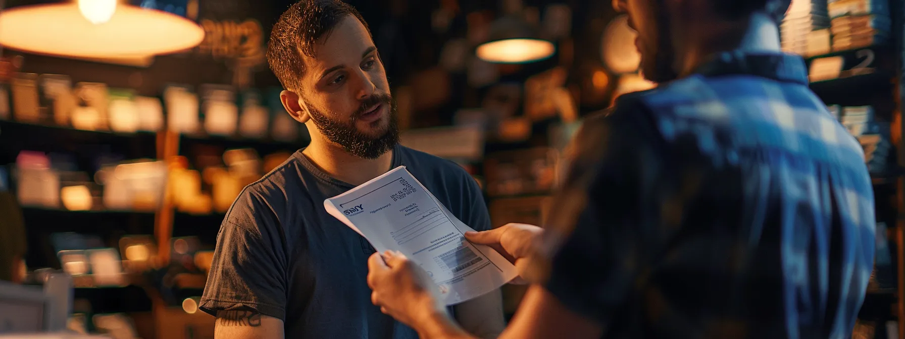 a locksmith holding licenses and certifications and discussing pricing with a customer.