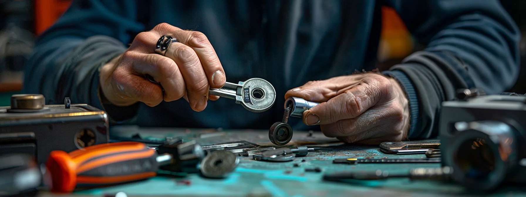 a locksmith using specialized tools to extract a broken key from a lock.