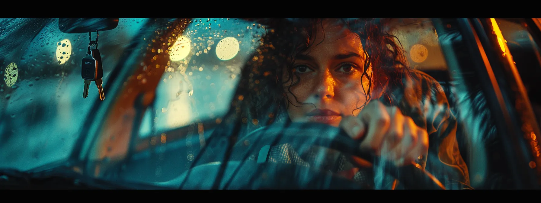 a person anxiously looking through the car window with keys dangling inside.