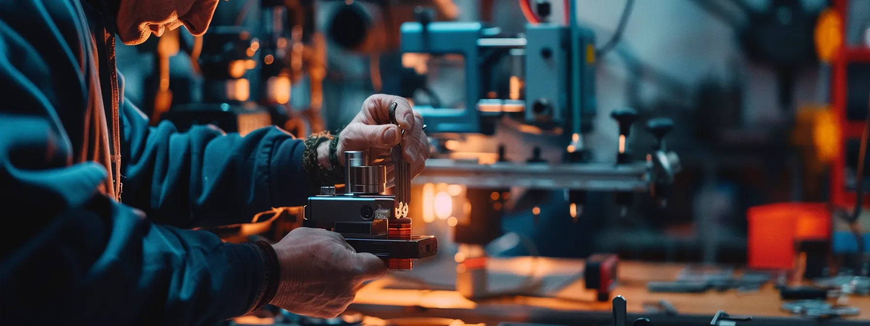 a person holding a key duplication machine in a workshop.