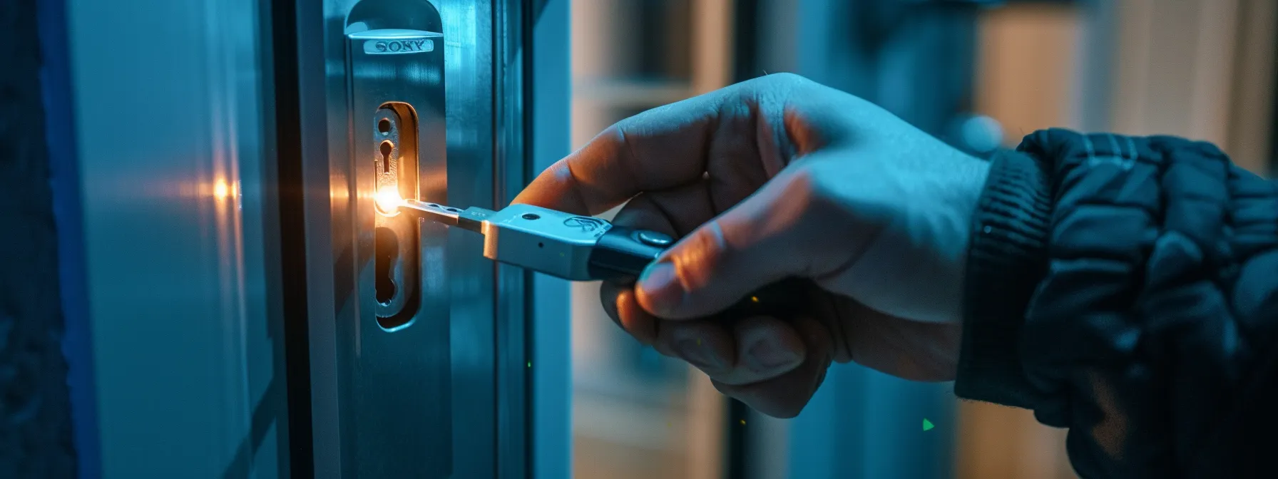 a mobile locksmith installing a high-security lock at a commercial establishment to enhance safety and security.