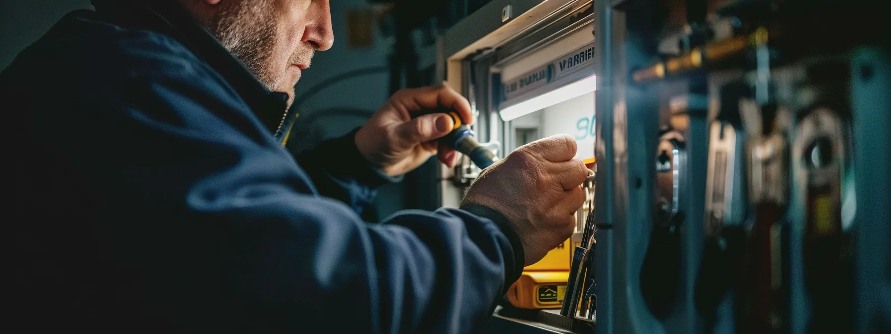a locksmith carefully examining a door lock with a toolbox by his side.