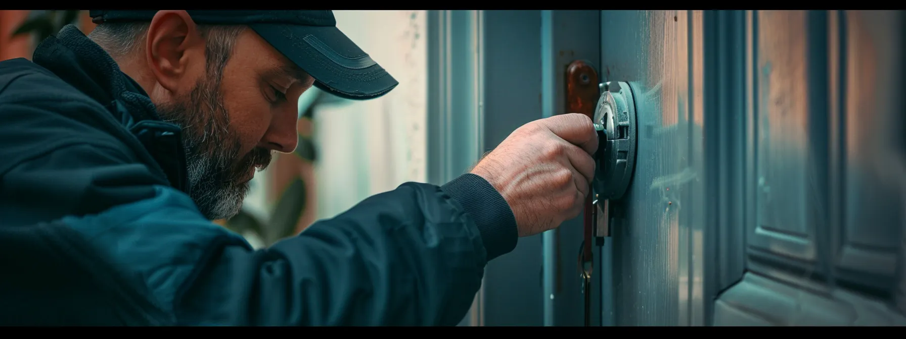 a locksmith inspecting a malfunctioning door lock.