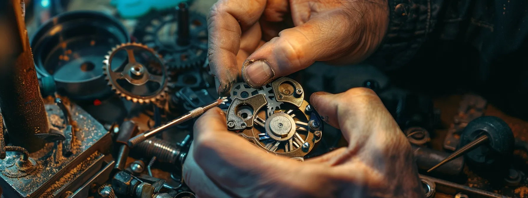 a person carefully cleaning and repairing the internal components of a lock mechanism.