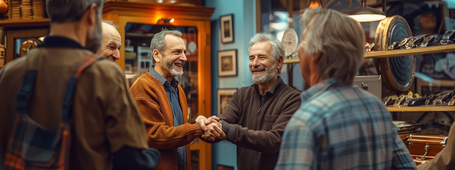 a customer smiling and shaking hands with a locksmith in front of a safe, with other satisfied customers in the background.