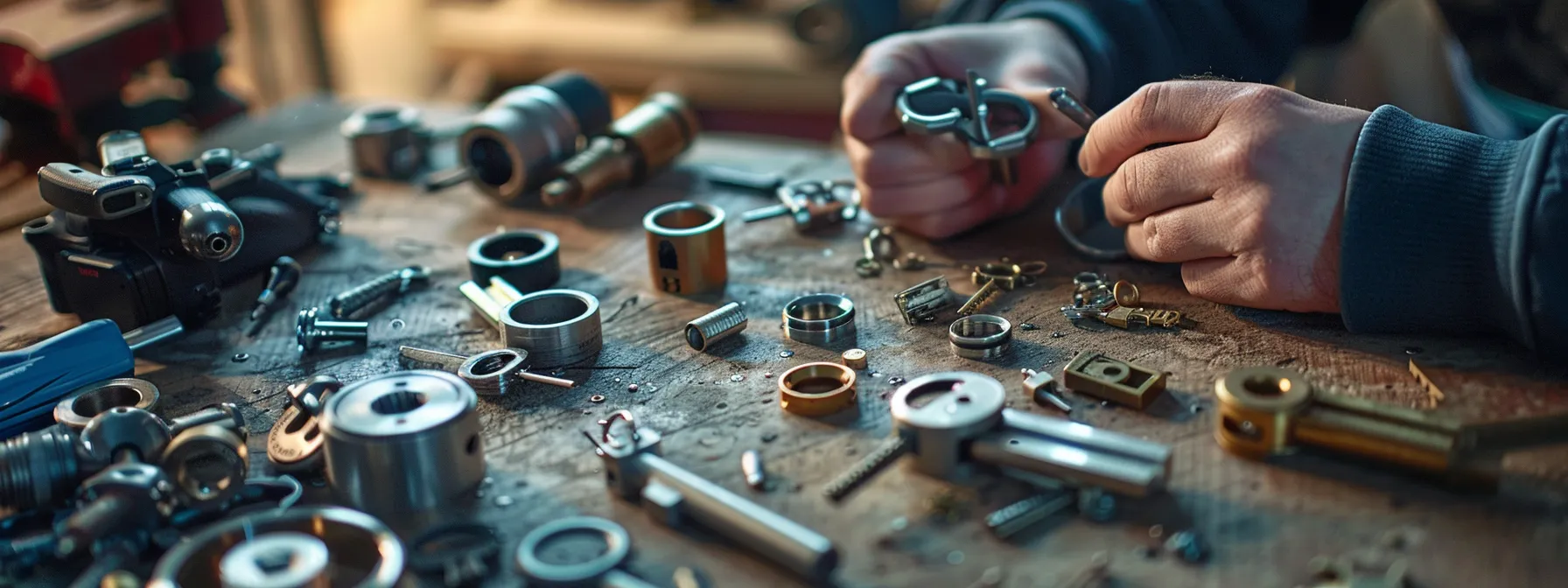 a person examining different high-security locks on a table.