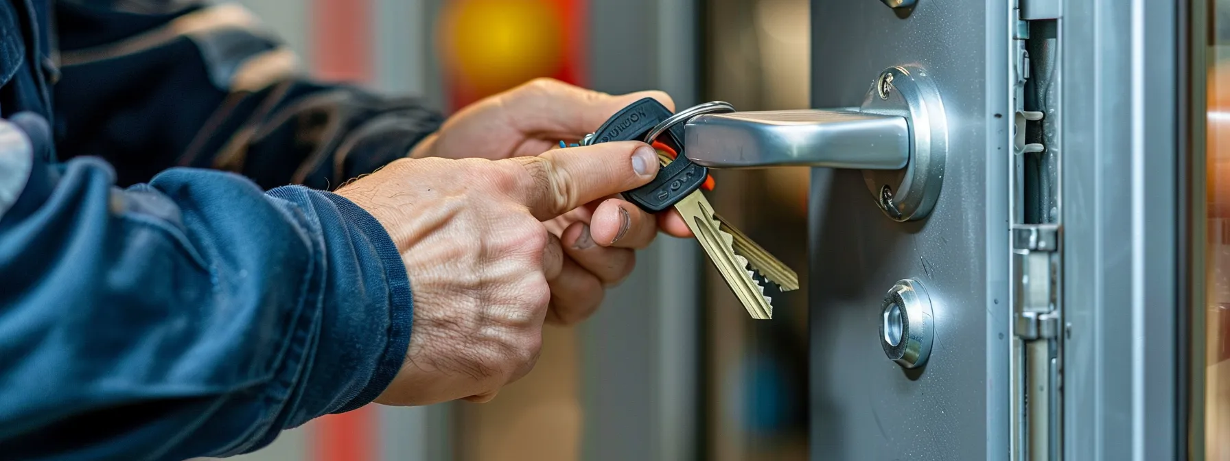a locksmith installing a master key system on a set of commercial doors.