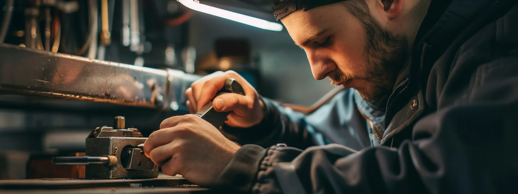 a locksmith carefully maintaining and examining a lock for signs of wear.