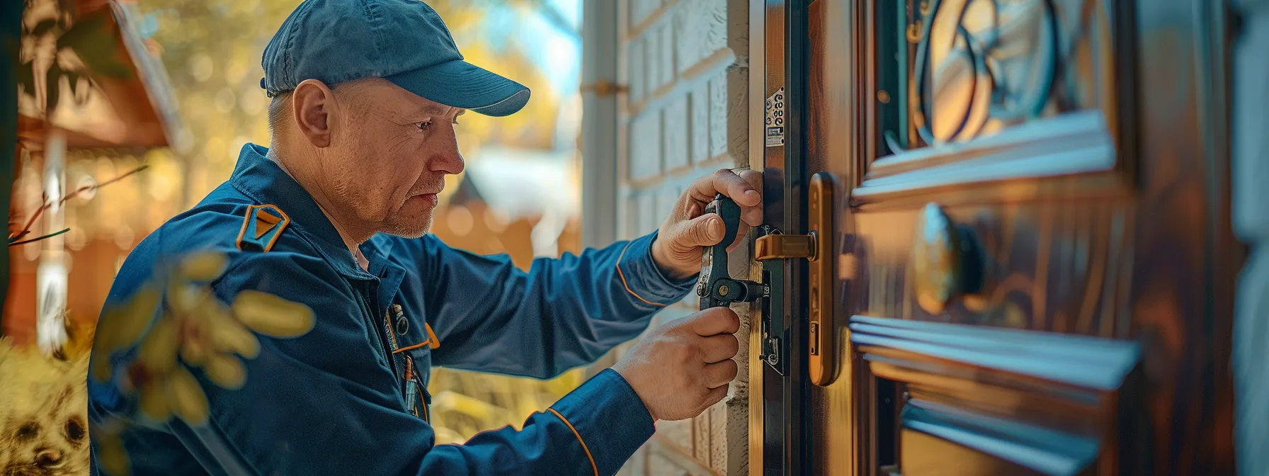 a locksmith in uniform quickly unlocking a house door with a specialized tool.