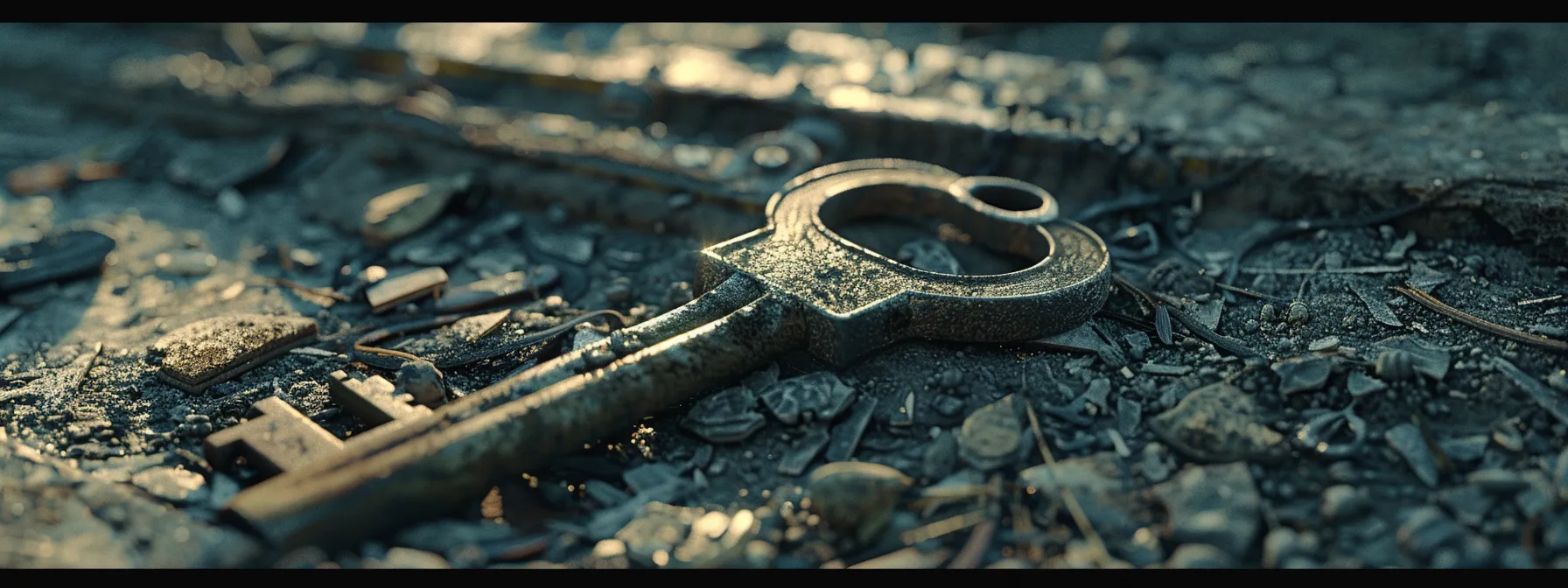 a broken key stuck inside a damaged lock, showing signs of wear and tear.