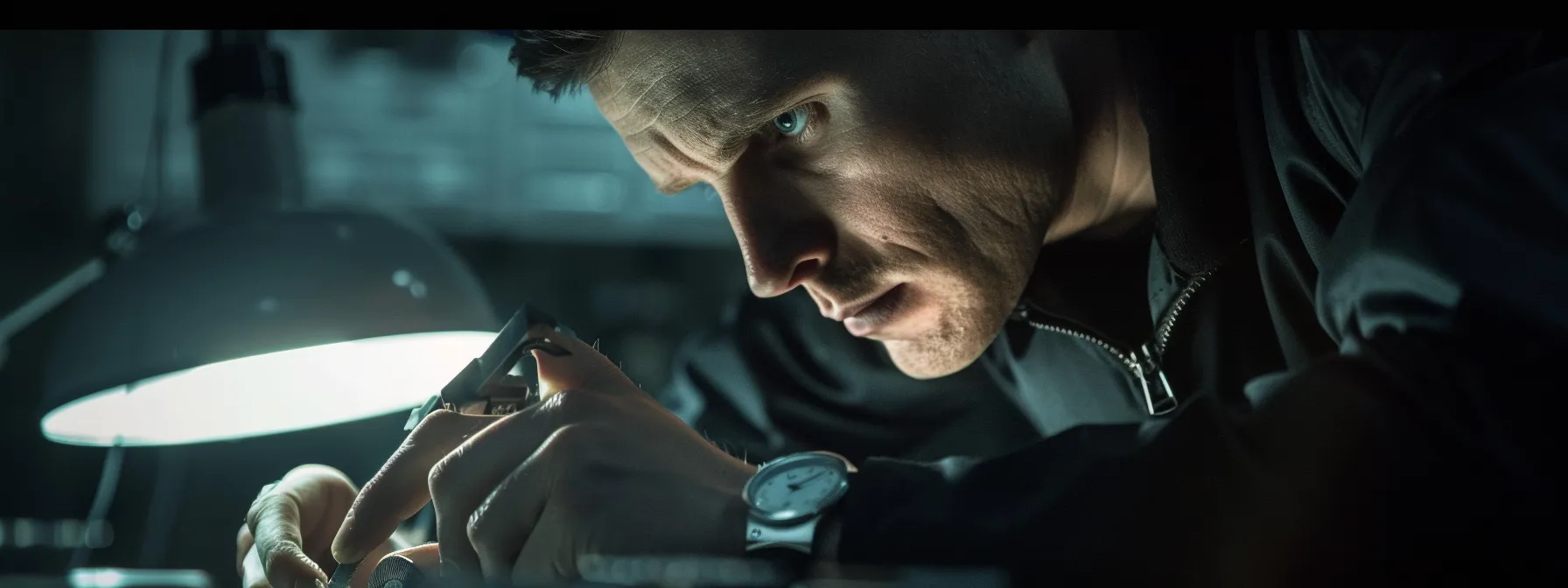 a focused locksmith examining a lock with precision, showcasing expertise and attention to detail.
