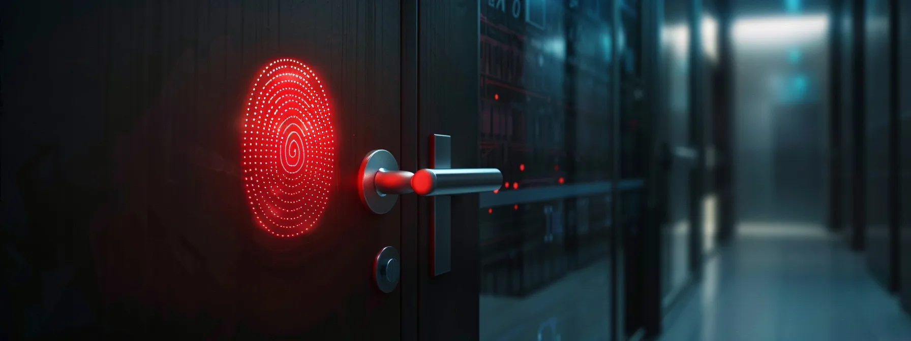 a futuristic biometric fingerprint scanner seamlessly unlocks a high-tech security door in a modern office building.