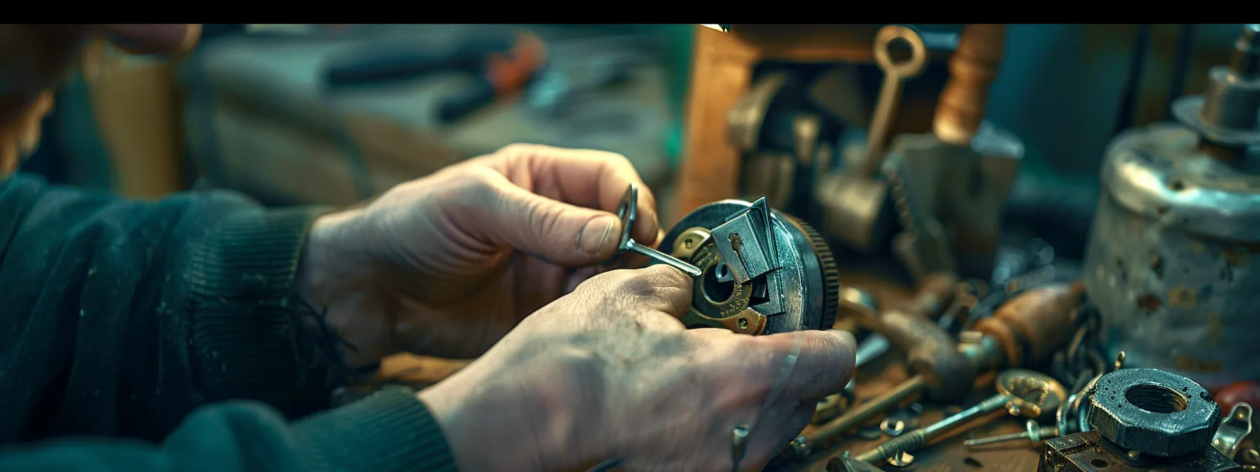 a locksmith carefully examines a lock with a broken key inside, using a paper clip and specialized tools to extract it safely.