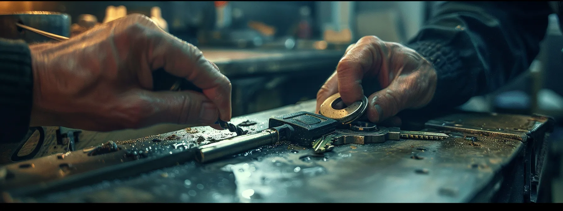 a locksmith carefully extracting a broken key from a lock with precision and expertise, ensuring security and safety.