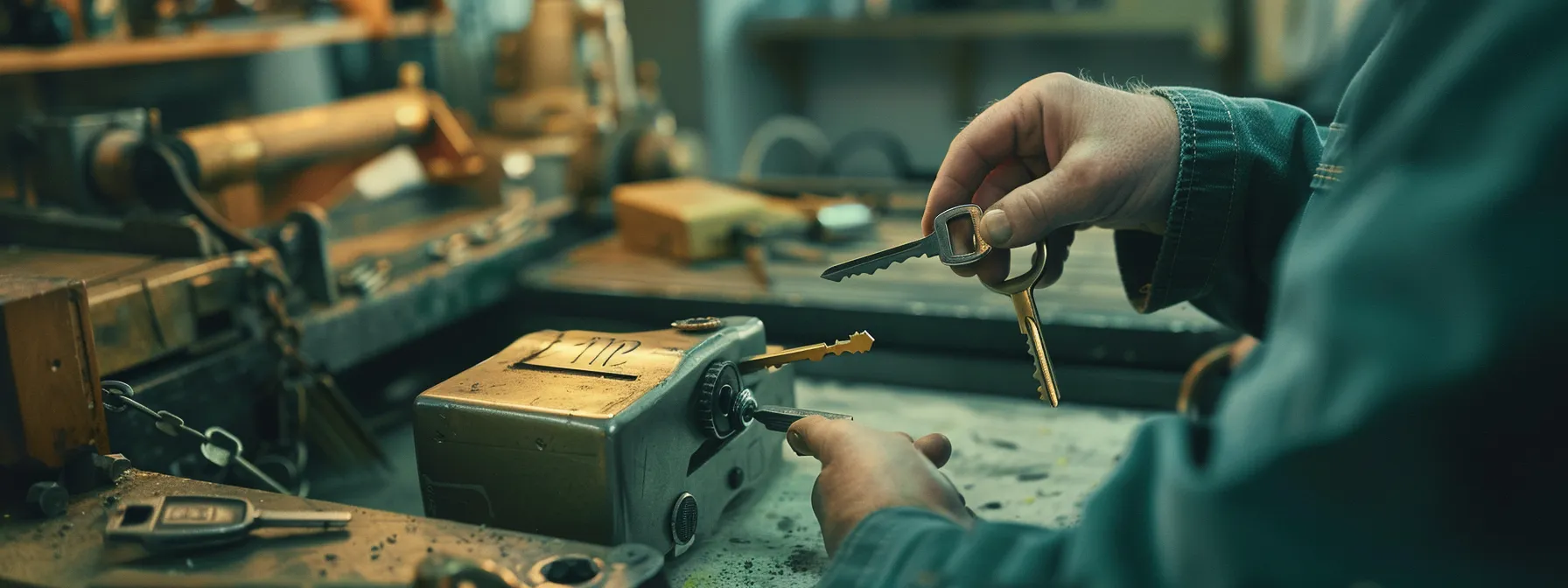a locksmith carefully inspecting and servicing a shiny, sturdy lock to prevent future broken key incidents.