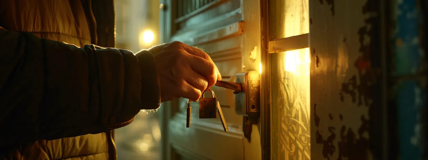 a locksmith carefully picking a lock under emergency circumstances, displaying a strong sense of professionalism and ethical consideration.