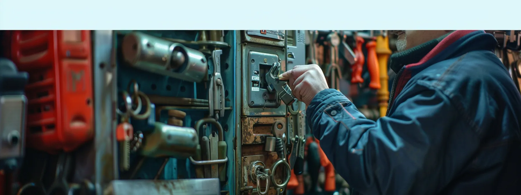 a locksmith examining a well-maintained lock with a toolbox in hand, surrounded by various discounted replacement options in melbourne.