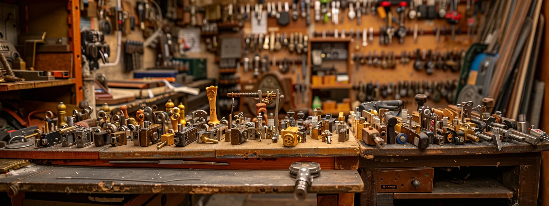 a locksmith's table displaying a variety of locks, from basic models to high-security options, showcasing the range in cost for lock replacement services in melbourne.